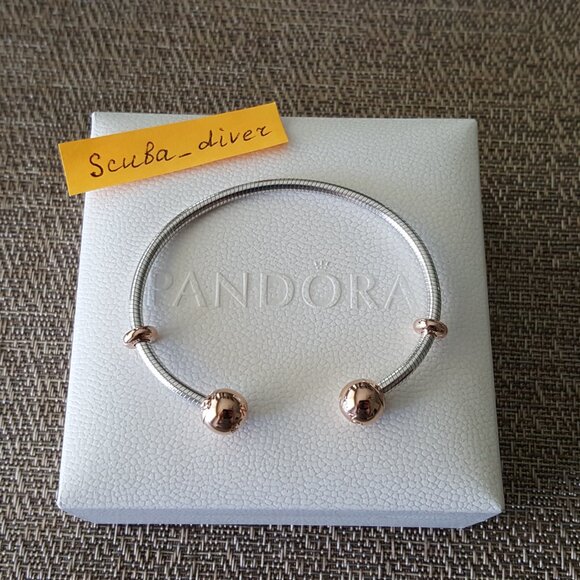 RARE Pandora Two-Tone Rose Gold Silver Moments Snake Chain Open Bracelet Bangle - Picture 2 of 12